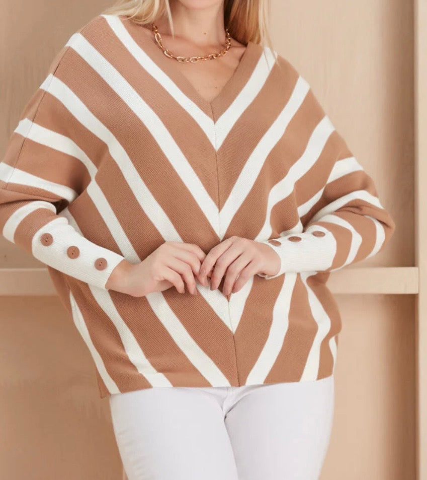 Pull chic rayé col V