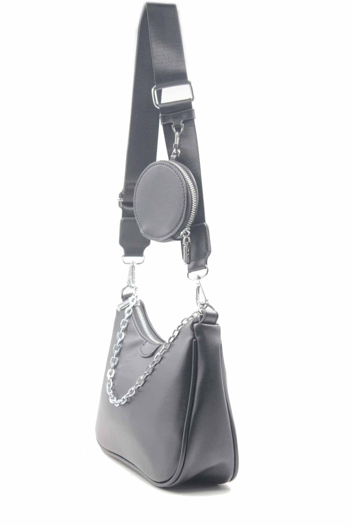 Sac bandoulière camel - chaîne argentée + pochette assortie