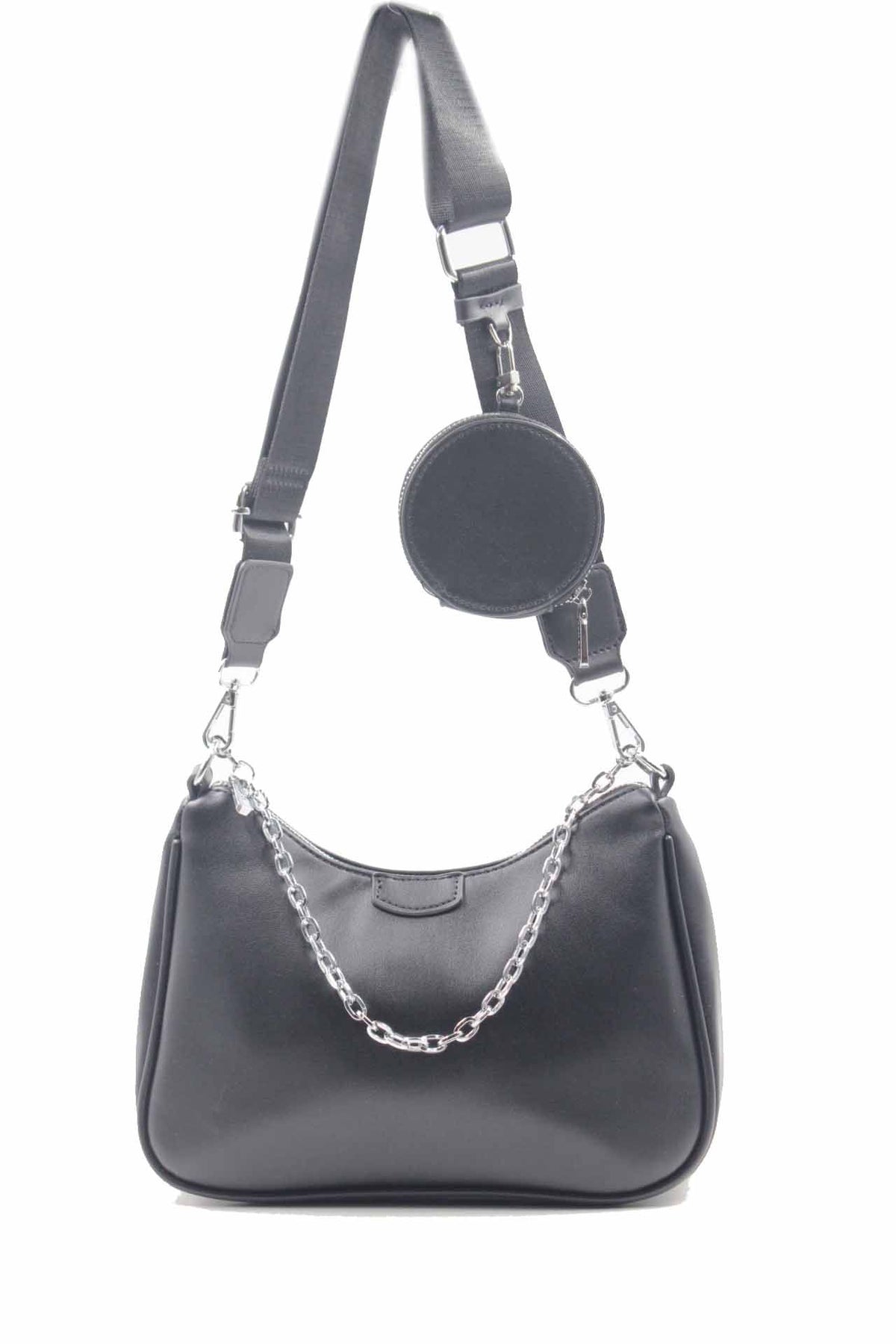 Sac bandoulière camel - chaîne argentée + pochette assortie