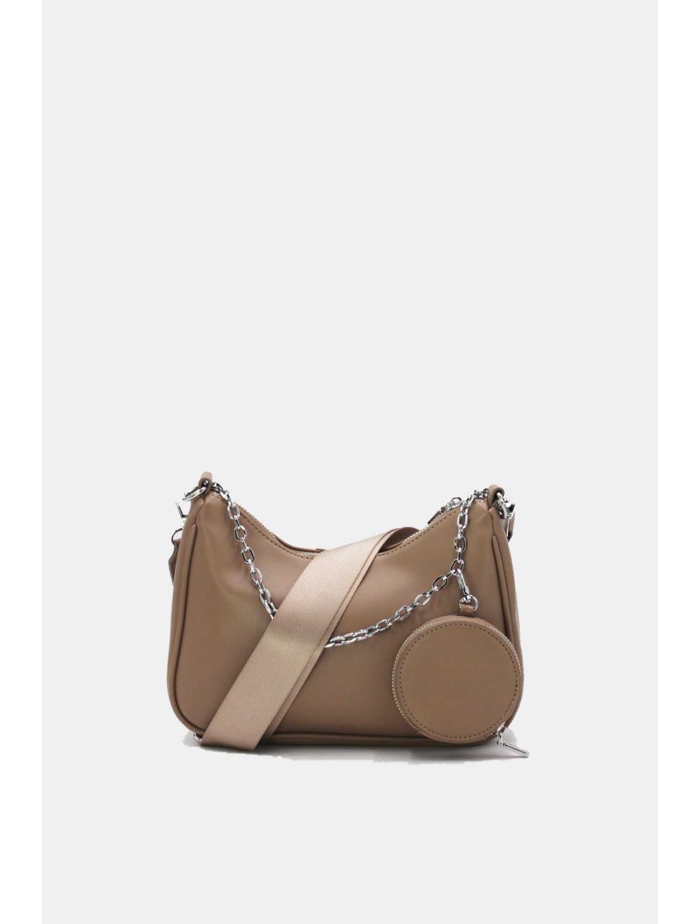 Sac bandoulière camel - chaîne argentée + pochette assortie
